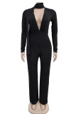Black Sexy Solid Color Hot Drill V Neck Bodycon Jumpsuits