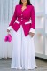 Rose Red Casual Solid Color Buttons Patchwork Contrast V Neck Long Sleeve Two Pieces