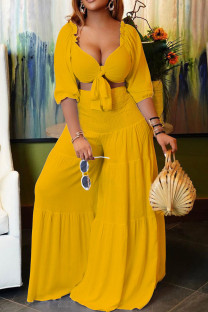 Yellow Sexy Casual Solid Color Belted V Neck Half Sleeve Two Pieces