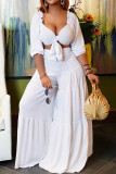 Black Sexy Casual Solid Color Belted V Neck Half Sleeve Two Pieces