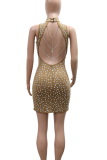 Apricot Sexy Hollow Out Slit Hot Drill O Neck Wrapped Skirt Dresses