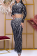 Black Elegant Patchwork Slit Hot Drill O Neck Long Sleeve Two Pieces