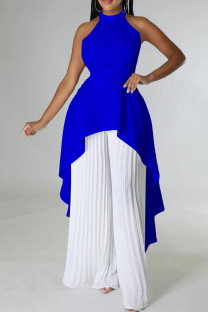 Blue White Casual Solid Color Backless Ruched Irregular Halter Sleeveless Two Pieces