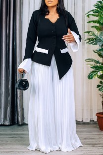 Black Casual Solid Color Buttons Patchwork Contrast V Neck Long Sleeve Two Pieces