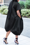 Black Casual Solid Color Buttons Turndown Collar Shirt Plus Size Dresses