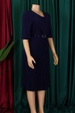 Yellow Casual Solid Color With Belt V Neck A Line Dresses
