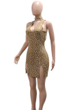 Apricot Sexy Hollow Out Slit Hot Drill O Neck Wrapped Skirt Dresses