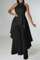 Black Casual Solid Color Backless Ruched Irregular Halter Sleeveless Two Pieces