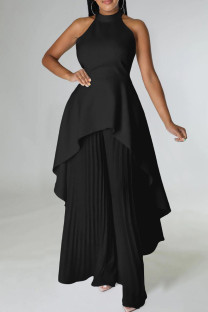 Black Casual Solid Color Backless Ruched Irregular Halter Sleeveless Two Pieces