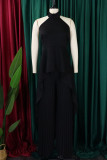 White Casual Solid Color Backless Ruched Irregular Halter Sleeveless Two Pieces