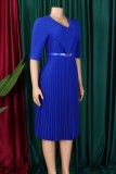 Yellow Casual Solid Color With Belt V Neck A Line Dresses