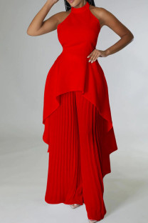 Red Casual Solid Color Backless Ruched Irregular Halter Sleeveless Two Pieces