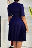 Yellow Casual Solid Color With Belt V Neck A Line Dresses