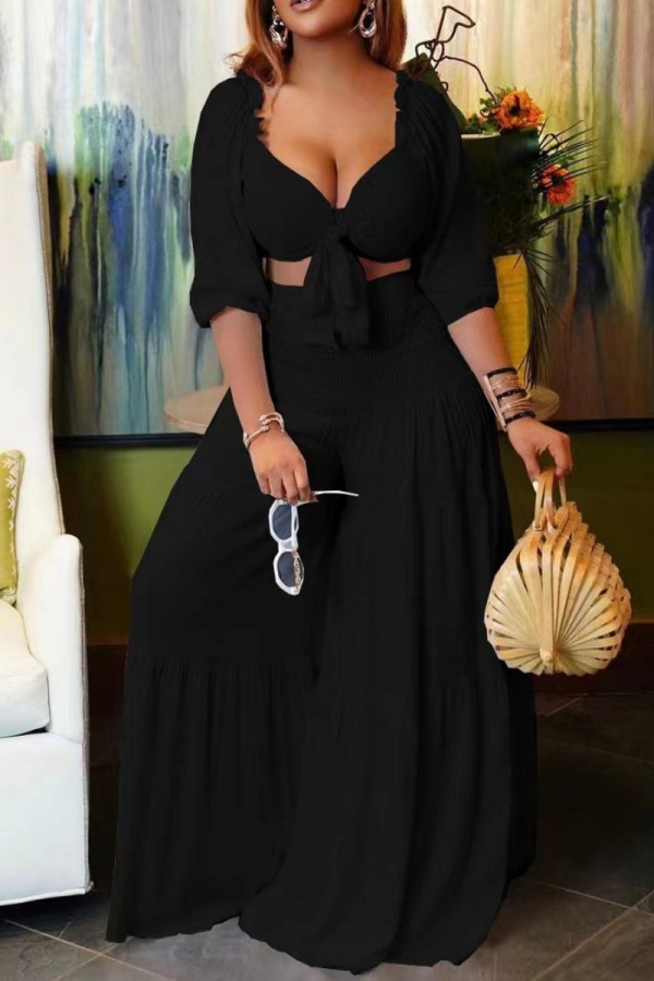 Black Sexy Casual Solid Color Belted V Neck Half Sleeve Two Pieces