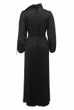 Black Casual Solid Color Strap Design Pleated O Neck Long Dresses