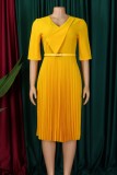 Yellow Casual Solid Color With Belt V Neck A Line Dresses