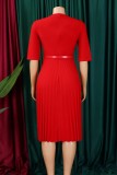 Yellow Casual Solid Color With Belt V Neck A Line Dresses