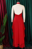 White Casual Solid Color Backless Ruched Irregular Halter Sleeveless Two Pieces