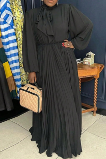 Black Casual Solid Color Strap Design Pleated O Neck Long Dresses