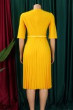Yellow Casual Solid Color With Belt V Neck A Line Dresses