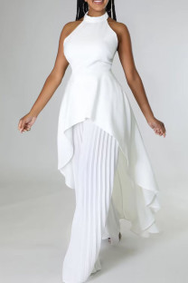 White Casual Solid Color Backless Ruched Irregular Halter Sleeveless Two Pieces
