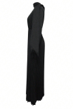 Black Casual Solid Color Strap Design Pleated O Neck Long Dresses