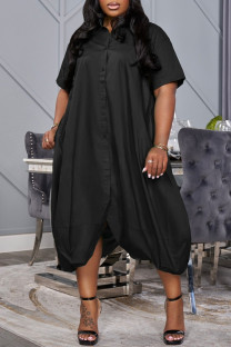 Black Casual Solid Color Buttons Turndown Collar Shirt Plus Size Dresses
