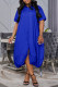 Blue Casual Solid Color Buttons Turndown Collar Shirt Plus Size Dresses