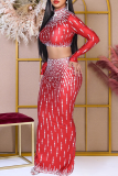 Brown Elegant Patchwork Slit Hot Drill O Neck Long Sleeve Two Pieces