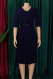 Yellow Casual Solid Color With Belt V Neck A Line Dresses