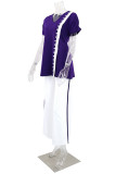 Dark Purple Casual Patchwork Slit Contrast V Neck Short Sleeve Two Pieces