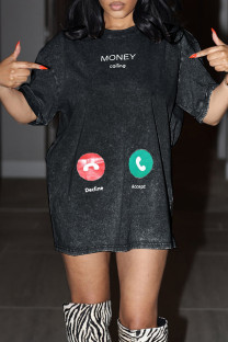 Black Casual Daily Print Basic O Neck T-shirt Dresses