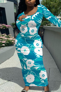 Turquoise Elegant Floral Print Contrast O Neck Printed Dresses