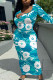 Turquoise Elegant Floral Print Contrast O Neck Printed Dresses