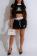 Black Casual Letter Print Draw String Pocket Contrast O Neck Short Sleeve Two Pieces