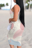 Light Blue Sexy Geometric Print Contrast U Neck Printed Dresses