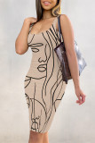 Light Blue Sexy Geometric Print Contrast U Neck Printed Dresses