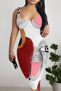 Red White Sexy Geometric Print Contrast U Neck Printed Dresses