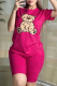 Rose Red Casual Print Pocket Patchwork O Neck Short Sleeve Two Pieces