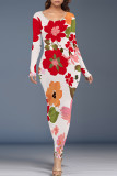 Turquoise Elegant Floral Print Contrast O Neck Printed Dresses