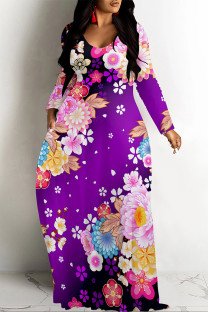 Purple Casual Flowers Print Pocket Contrast O Neck Printed Dresses