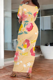 Turquoise Elegant Floral Print Contrast O Neck Printed Dresses