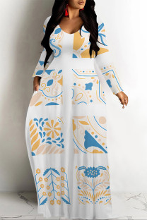 White Casual Geometric Print Pocket Contrast O Neck Printed Dresses