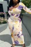 Turquoise Elegant Floral Print Contrast O Neck Printed Dresses