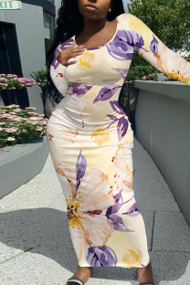 Beige Elegant Floral Print Contrast O Neck Printed Dresses