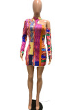 Colour Casual Print Oblique Collar Pencil Skirt Dresses
