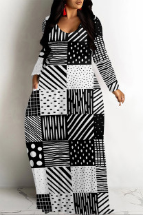 Black And White Casual Geometric Print Pocket Contrast O Neck Printed Dresses