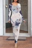 Red Green Elegant Floral Print Contrast O Neck Printed Dresses