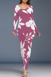 Turquoise Elegant Floral Print Contrast O Neck Printed Dresses