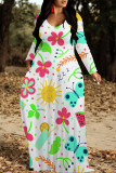 Tangerine Red Casual Flowers Print Pocket Contrast O Neck Printed Dresses